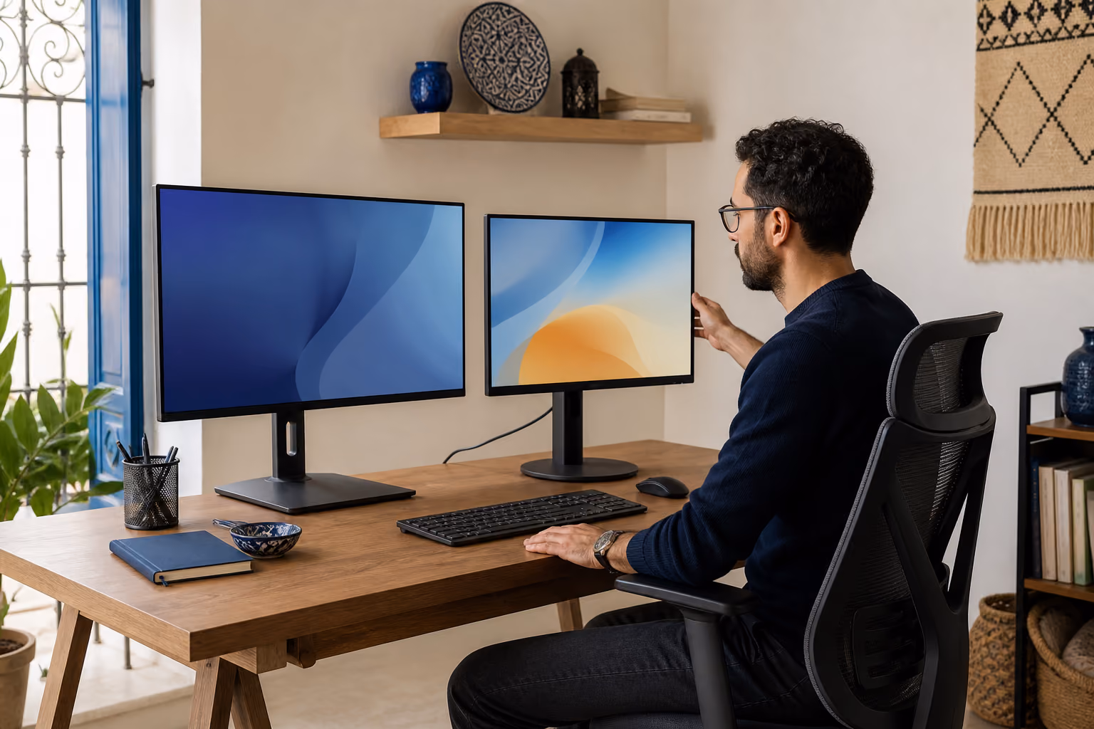 Comparaison ergonomique de deux écrans PC dans un bureau marocain