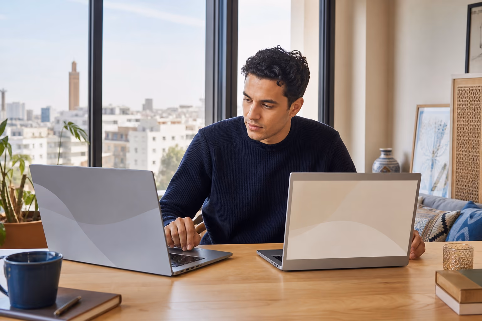 Comparaison de deux ordinateurs portables dans un espace de travail à Casablanca