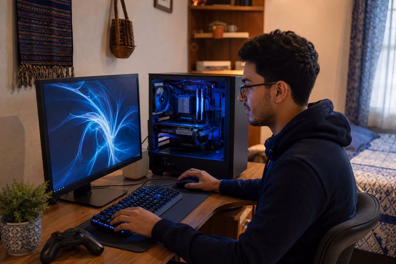 Joueur marocain devant un PC gamer sobre avec éclairage bleu