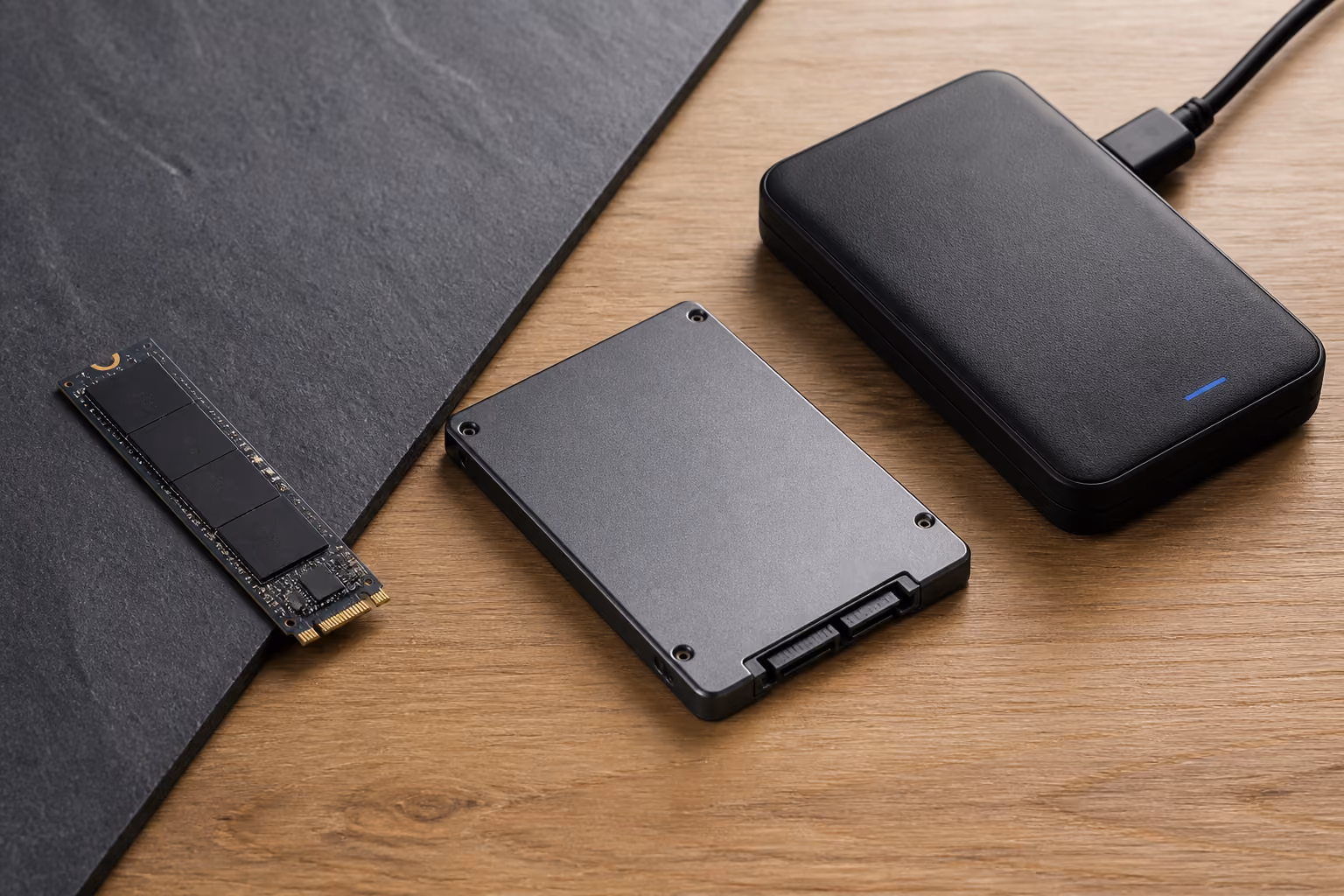 SSD NVMe, SSD 2,5 pouces et disque dur externe comparés sur une table